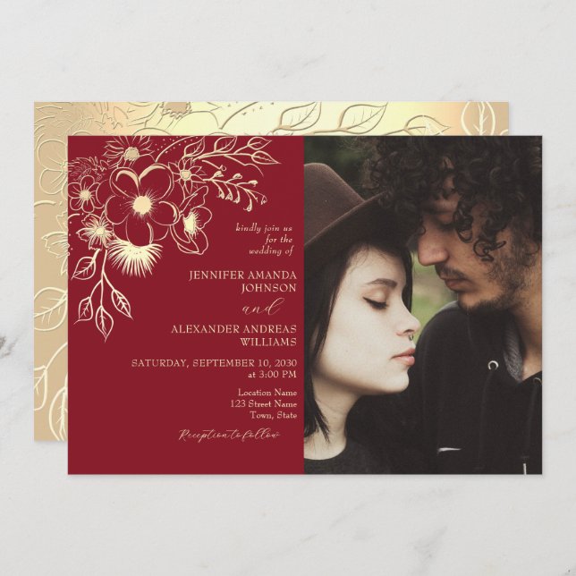 Red and Gold Floral Wedding Photo Invitation (Front/Back)