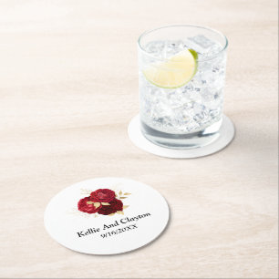 Red And Gold Floral Wedding Round Paper Coaster