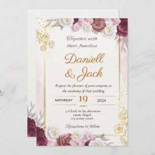 Red and gold floral weeding invitation