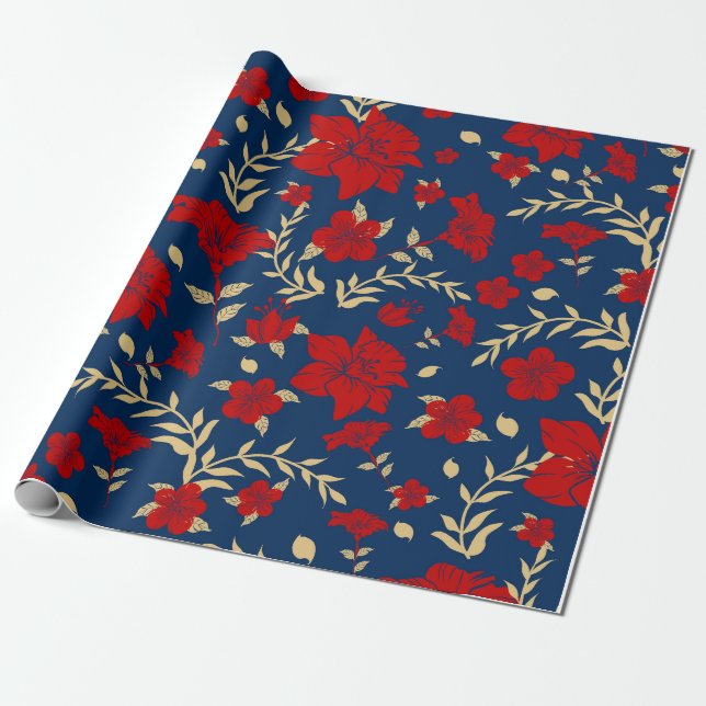 Red and Gold Floral Wrapping Paper (Unrolled)