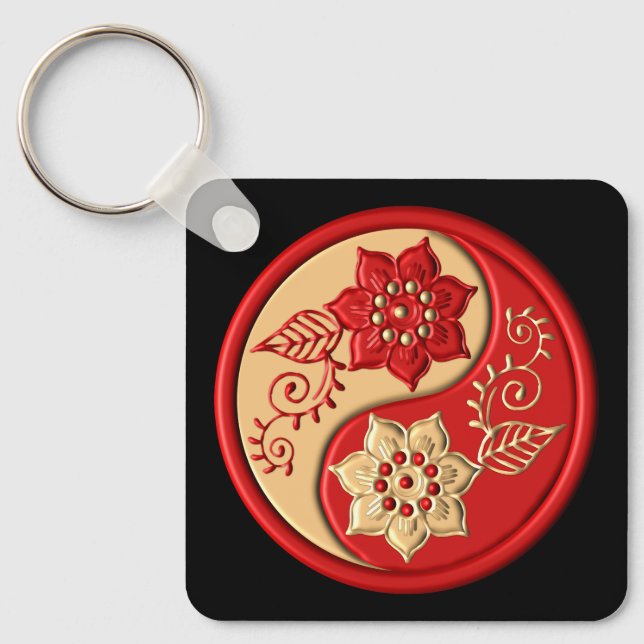 Red and Gold Floral Yin Yang Key Ring (Front)