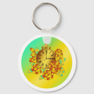 Red and Gold Flowers and Antique Clock Key Ring