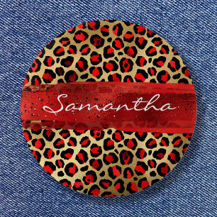 Red and Gold Foil Leopard Brush Stroke 6 Cm Round Badge