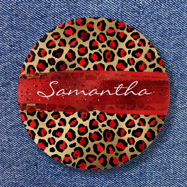 Red and Gold Foil Leopard Brush Stroke 6 Cm Round Badge (Red and Gold Foil Leopard Brush Stroke Button)