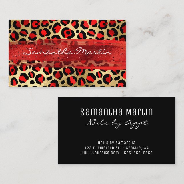 Red and Gold Foil Leopard Brush Stroke Business Card (Front/Back)