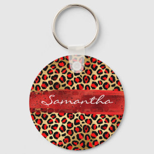 Red and Gold Foil Leopard Brush Stroke Key Ring