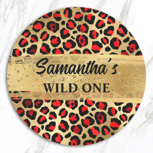 Red and Gold Foil Leopard Wild One Classic Round Sticker