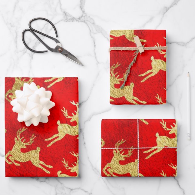 Red and Gold Foil Reindeer Christmas Wrapping Paper Sheet (Front)