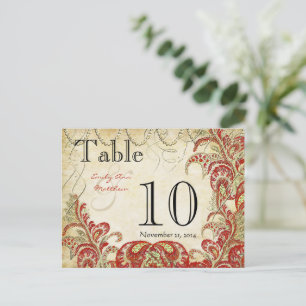 Red and Gold Gatsby Paisley Peacock Table Number Postcard