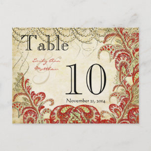 Red and Gold Gatsby Paisley Peacock Table Number Postcard