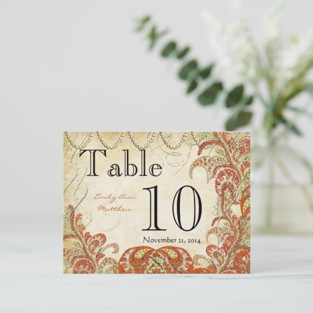 Red and Gold Gatsby Paisley Peacock Table Number Postcard (Standing Front)