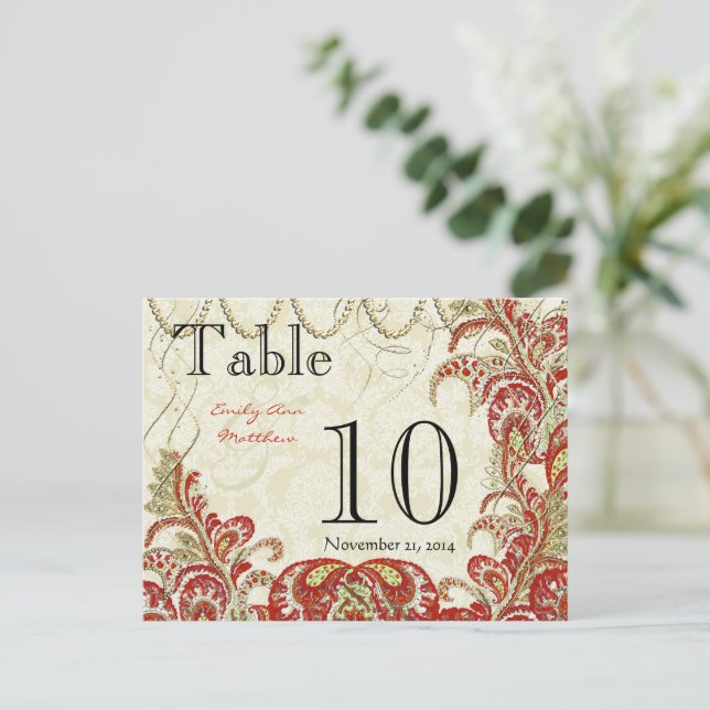 Red and Gold Gatsby Paisley Peacock Table Number Postcard (Standing Front)