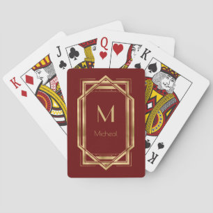 Red and Gold Geometric   Monogram & Name   Playing Cards