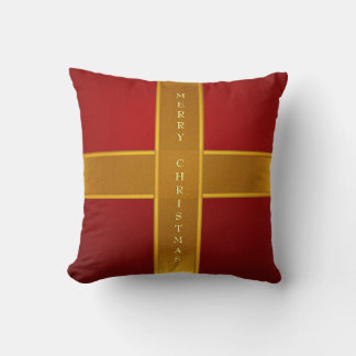 Red and Gold Gift Wrapped Merry Christmas Design Cushion