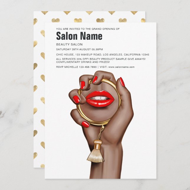 Red and Gold Glam Chic Beauty Salon Opening Invitation (Front/Back)