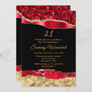 Red and Gold Glam Tears Birthday Party Invitation