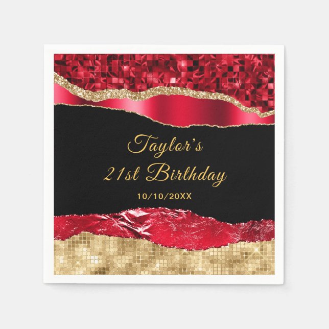Red and Gold Glam Tears Birthday Party Napkin (Front)