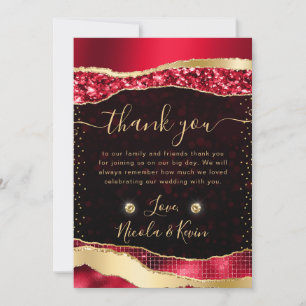 Red and Gold Glam Tears Bokeh Wedding Thank You Card