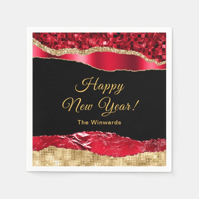 Red and Gold Glam Tears Happy New Year Napkin (Front)