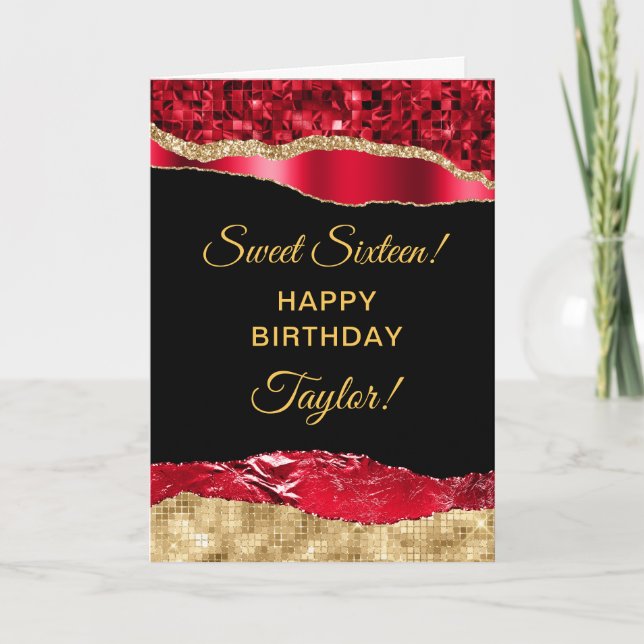 Red and Gold Glam Tears Sweet Sixteen Card (Front)