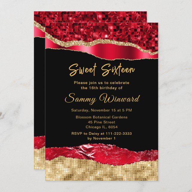 Red and Gold Glam Tears Sweet Sixteen Invitation (Front/Back)