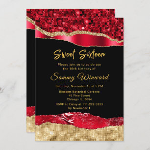 Red and Gold Glam Tears Sweet Sixteen Invitation