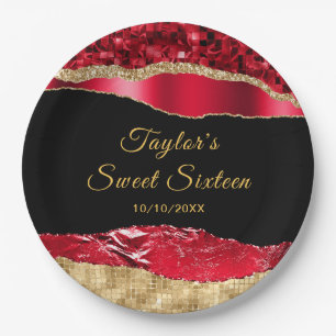 Red and Gold Glam Tears Sweet Sixteen Paper Plate