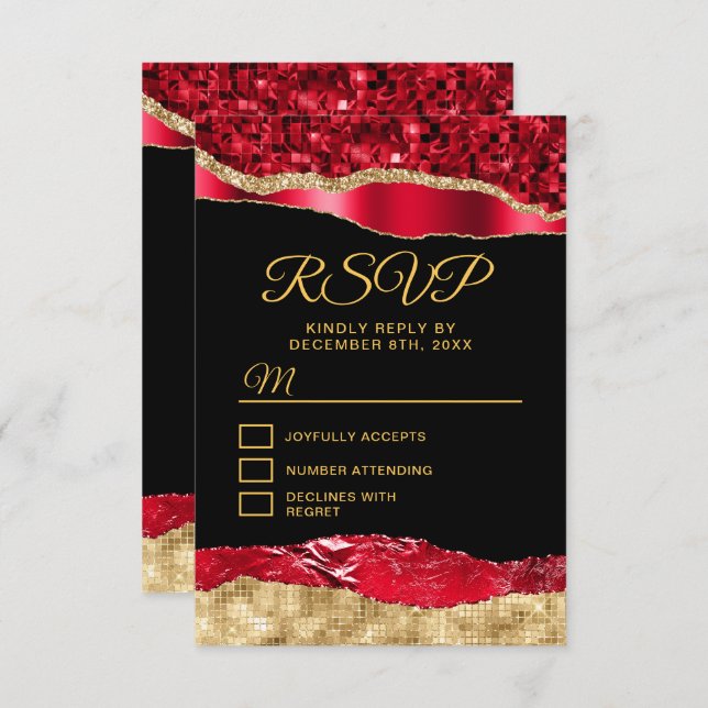 Red and Gold Glam Tears Sweet Sixteen RSVP Card (Front/Back)