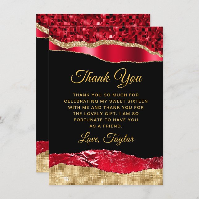 Red and Gold Glam Tears Sweet Sixteen Thank You Card (Front/Back)