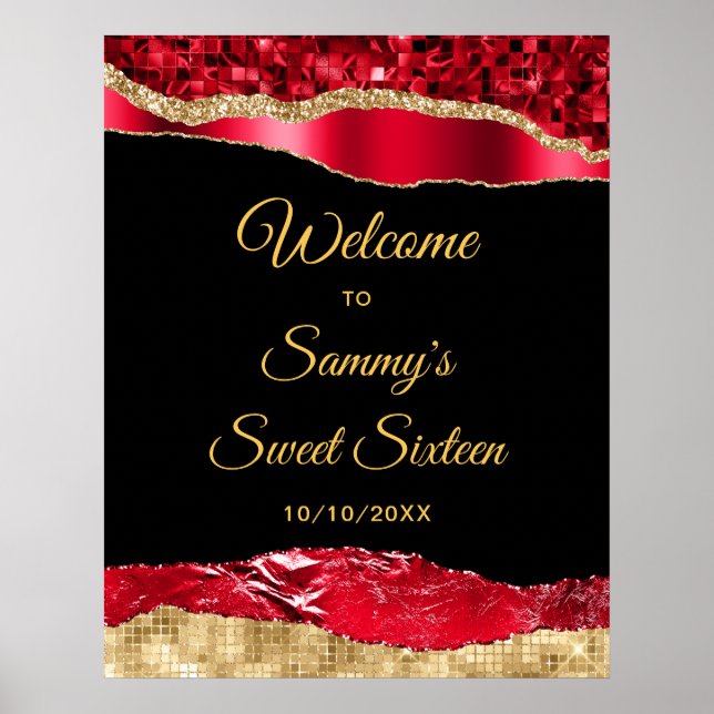 Red and Gold Glam Tears Sweet Sixteen Welcome Poster (Front)