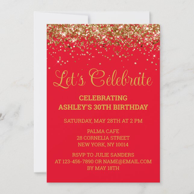 Red and Gold Glitter 30th Birthday Let's Celebrate Invitation (Front)