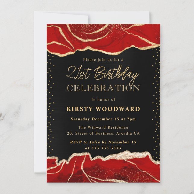 Red and Gold Glitter Agate Birthday Party Invitation (Front)