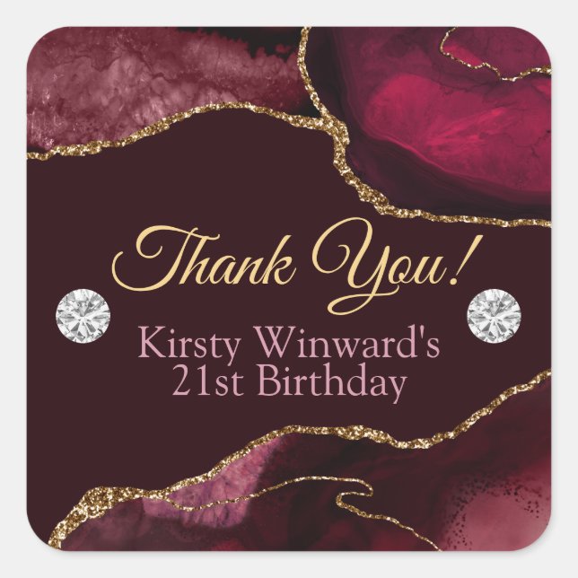 Red and Gold Glitter Agate Birthday Party Square Sticker (Front)
