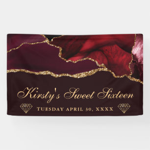 Red and Gold Glitter Agate Sweet Sixteen Banner