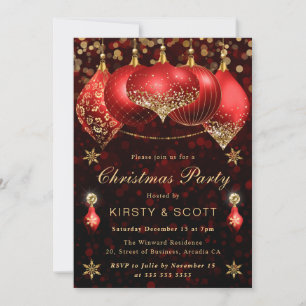 Red and Gold Glitter Baubles Christmas Party Invitation