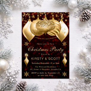 Red and Gold Glitter Baubles Christmas Party Invitation