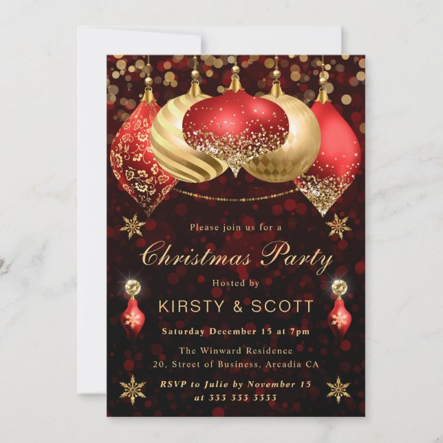 Red and Gold Glitter Baubles Christmas Party Invitation (Front)