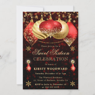 Red and Gold Glitter Baubles Sweet Sixteen Invitation