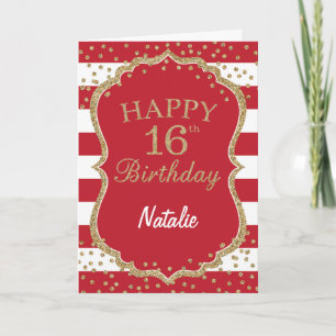 Red and Gold Glitter Confetti 16th Birthday Card