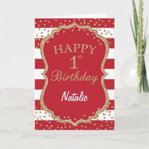 Red and Gold Glitter Confetti 1st Birthday Card
