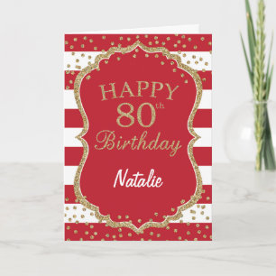 Red and Gold Glitter Confetti 80th Birthday Card