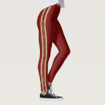Red and Gold Glitter Custom Text Athletic Stripe Leggings<br><div class="desc">Solid maroon red personalised leggings with a double athletic stripe in gold glitter down both legs, with custom text in the middle that can be different on each side. Perfect for displaying your favourite quote, verse, inspirational mantra, team name, or add your own name on repeat! Legging colour and fonts...</div>