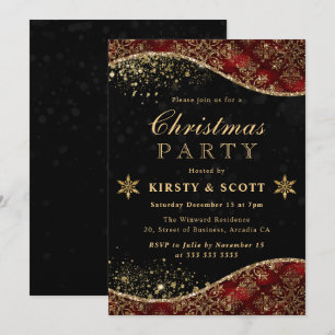 Red and Gold Glitter Damask Christmas Party Invitation
