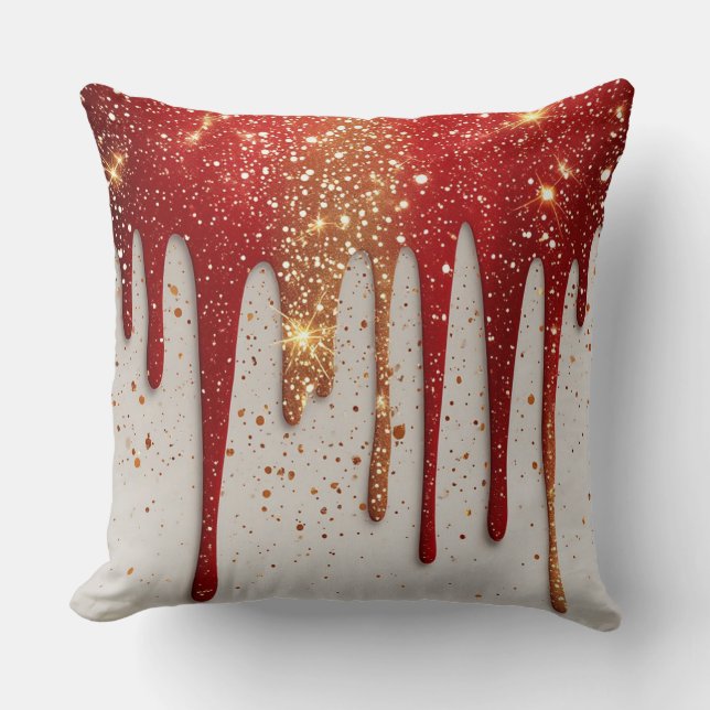 Red and Gold Glitter Dripping Cushion (Front)