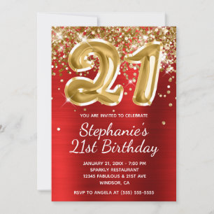 Red and Gold Glitter Foil Balloon 21st Birthday Invitation