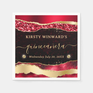Red and Gold Glitter Glam Tears Bokeh Quinceanera Napkin