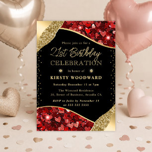 Red and Gold Glitter Hearts 21st Birthday Invitation