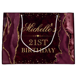 Red and Gold Glitter Marble Agate Birthday Large Gift Bag