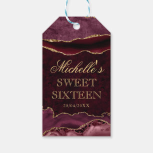 Red and Gold Glitter Marble Agate Sweet 16 Gift Tags