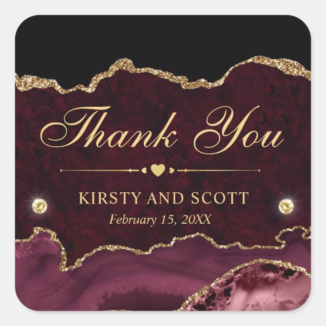 Red and Gold Glitter Marble Agate Wedding Square Sticker (Front)